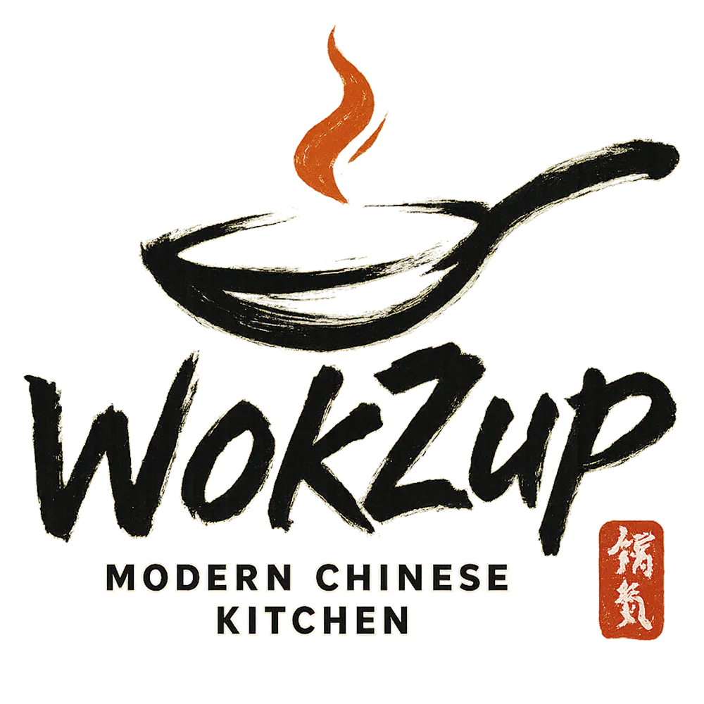 Wok and flame graphic WokZup modern Chinese kitchen brand logo at WokZup, an Asian Fusion Restaurant in Deerfield Beach